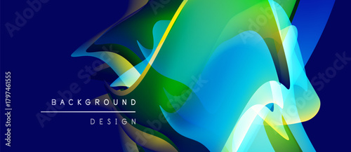 Abstract fluid shapes overlap, creating vibrant blue, green, yellow gradients. Modern design, dynamic composition, smooth transitions present.