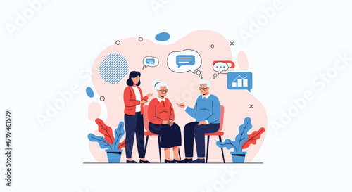 Young woman attentively communicating with an elderly couple, possibly providing care, financial advice, or social support, with chat bubbles.