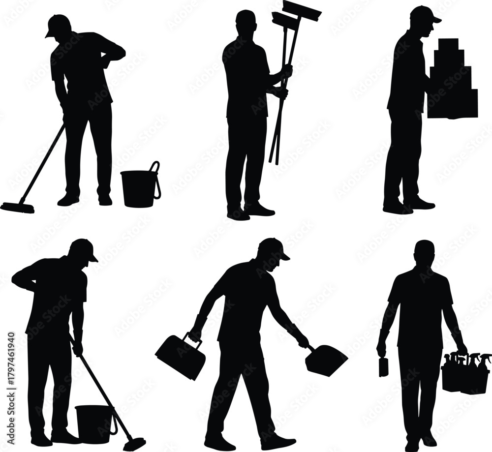 Obraz premium cleaning worker silhouettes, janitor icons, cleaner vector set, housekeeping staff, sanitation workers, custodial tools, professional cleaning clipart