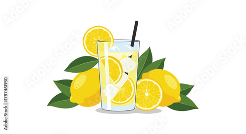Refreshing glass of lemonade with ice cubes and fresh lemon slices, surrounded by whole lemons and vibrant green leaves.