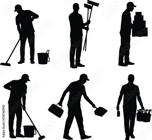 cleaning worker silhouettes, janitor icons, cleaner vector set, housekeeping staff, sanitation workers, custodial tools, professional cleaning clipart