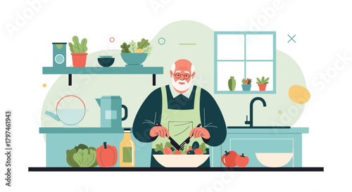 Happy elderly man in a modern kitchen, diligently preparing a fresh and healthy salad, promoting healthy eating and cooking.