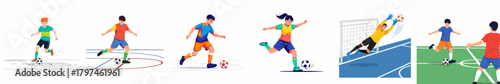 Flat Illustration Various Isolated People Playing Soccer Activity Set Graphic Element