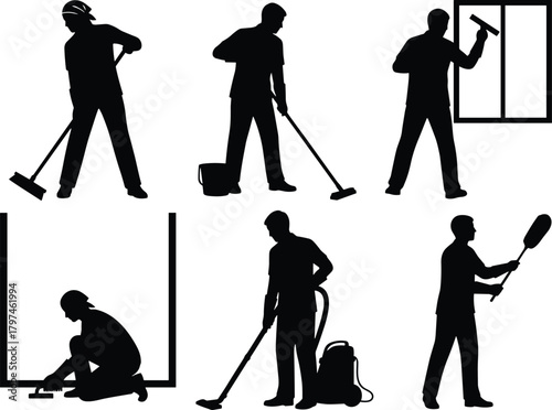 cleaning worker silhouettes, janitor icons, housekeeper vector, floor cleaning, window washing, vacuuming, dusting, professional cleaners clipart