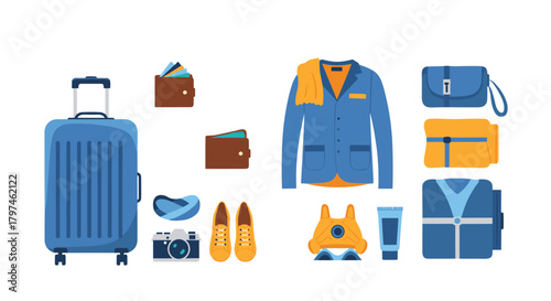Comprehensive collection of essential travel items, including a rolling suitcase, wallets, clothing, camera, and various travel accessories for a journey.