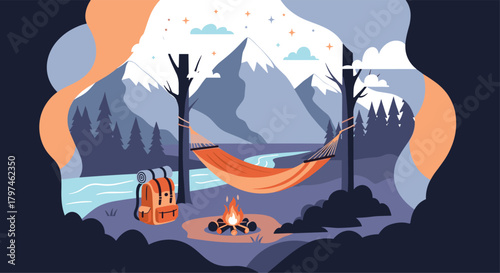 Peaceful camping scene featuring a comfortable hammock, crackling campfire, backpack, and majestic mountains in the background.