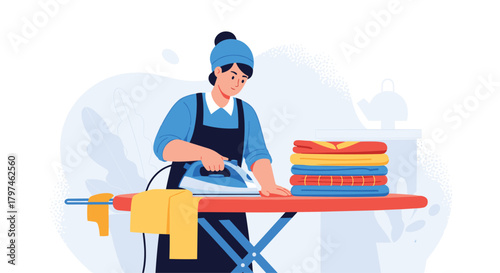 Woman performing daily household chores, meticulously ironing clothes on an ironing board with a stack of clean, folded garments nearby.