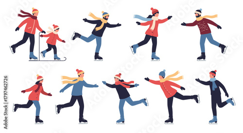 Diverse set of people, including families and individuals, enjoying ice skating in various playful and graceful poses on the winter rink.