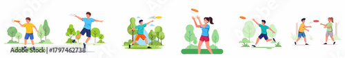 Flat Illustration People Playing Frisbee Outdoors in a Park Scene Design