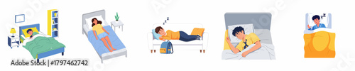 Flat Illustration of Various People Sleeping in Bed Indoor Activity