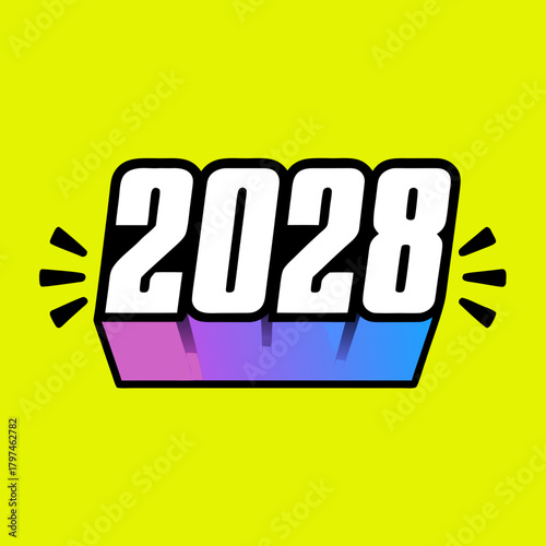 A dynamic graphic featuring the year 2028 in a bold, cartoonish font, set against a vibrant yellow background with black accents