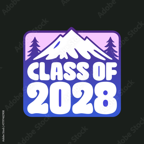 Class of 2028 graduation design featuring a mountain peak and pine trees, perfect for celebrating academic achievements and creating memorable keepsakes