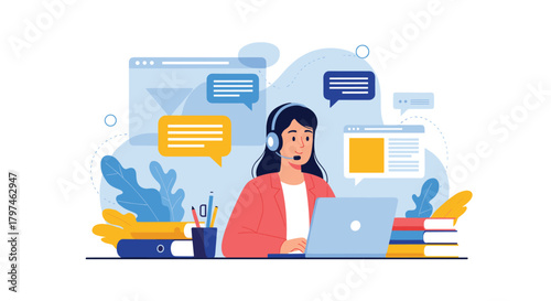 Woman customer support agent with a headset and laptop, surrounded by chat bubbles and digital screens, providing excellent service.