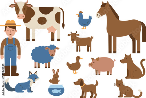 Cute farm animals collection with farmer character, colorful livestock illustration set including cow horse goat pig dog cat duck and more