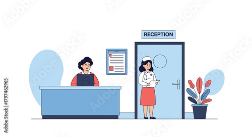 Busy hospital reception area with a friendly receptionist at the counter and a nurse entering a patient examination room.