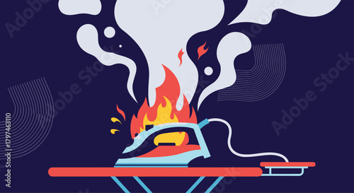Household accident showing an iron on an ironing board catching fire and emitting thick smoke, indicating a dangerous malfunction.