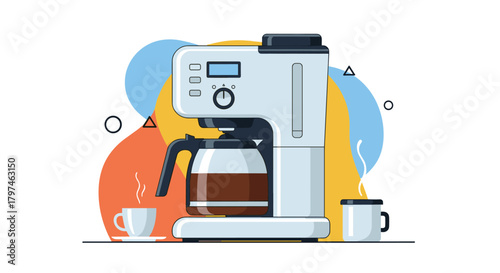 Modern automatic coffee maker brewing fresh coffee into two cups, ready for a delicious hot beverage, with abstract shapes.