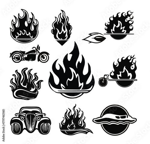 Flame silhouettes in classic 90s style, motorcycle and hot rod car style.