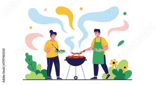 Happy couple enjoying an outdoor barbecue, cooking delicious sausages and fresh vegetables on the grill, celebrating summer and food.