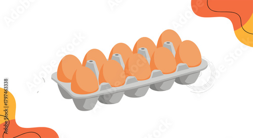 Carton of a dozen fresh brown eggs, indicating natural and healthy produce, with abstract colorful shapes in the background.