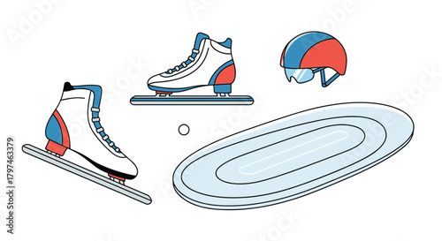 Collection of speed skating equipment, including specialized skates, a safety helmet, and an oval training mat for athletes.