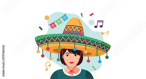 Joyful woman wearing a large, colorful Mexican sombrero, surrounded by festive musical notes and decorative flags, celebrating culture.