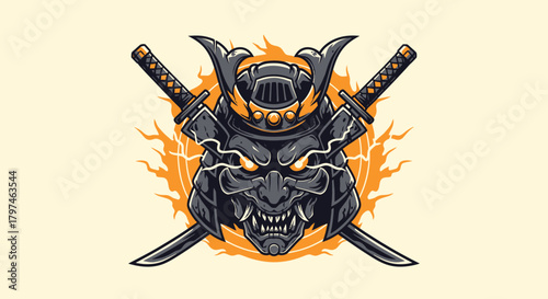 Illustration of a samurai mask with crossed swords and a fiery background.
