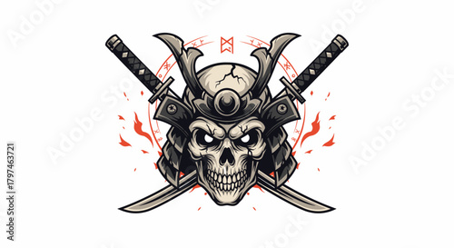 Skull wearing a samurai helmet with crossed swords behind it, surrounded by abstract flames.