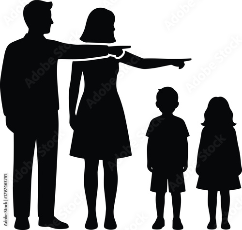 Family pointing silhouette illustration, parents directing children, guidance and instruction concept, vector design of father mother son daughter poses