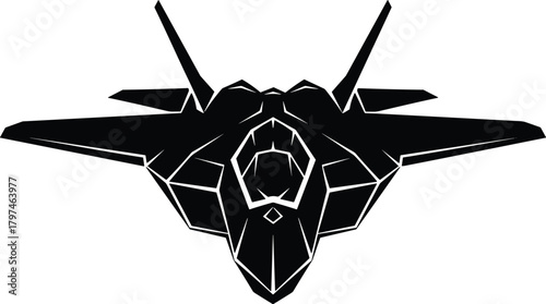 Front view silhouette of modern stealth fighter jet aircraft with angular design, military aviation technology, and advanced aerodynamic combat features