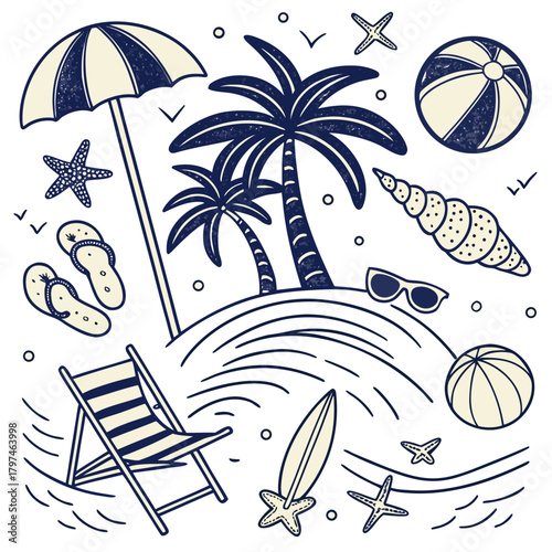 Vector illustration of beach vacation doodle illustration with palm trees and beach accessories