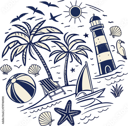 Vector illustration of round beach vacation doodle illustration with lighthouse