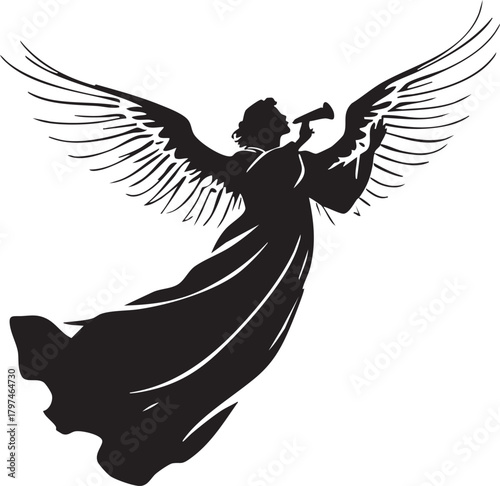 Angel blowing trumpet in flight with flowing robes and wide wings in elegant black silhouette vector illustration