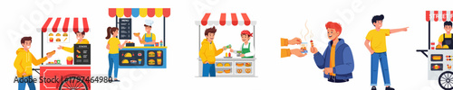 Modern Flat Design Illustration of Various Street Food Vendor Cart Scene
