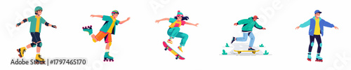 Modern Flat Illustration Various Action Sport Athlete Character with Skateboarding