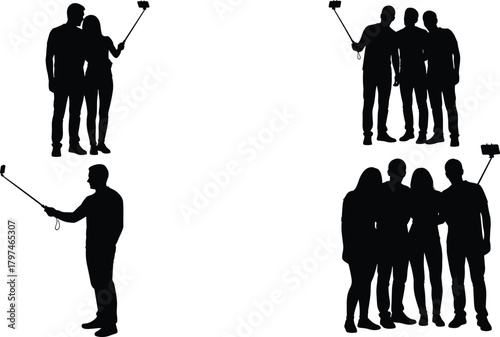 Silhouette illustration of individuals and groups using selfie sticks to take photos, capturing memorable moments and expressing modern social lifestyle activities