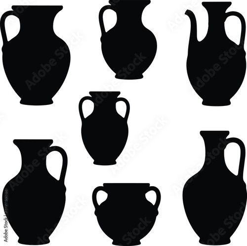 vase silhouettes, pottery jug silhouettes, ancient ceramic shapes, amphora outline set, black pottery icons, antique vessel silhouettes