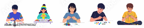 Flat Illustration of Young Adults Engaged in Making Jewelry Craft Activity