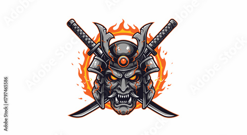 Illustration of a samurai mask with crossed swords behind it, surrounded by flames.