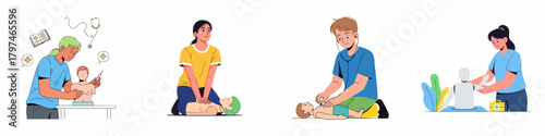 Illustrated Diverse People Performing CPR Training and Medical Assistance Illustration