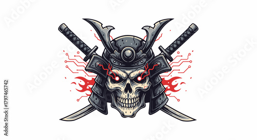 Digital illustration of a skull wearing a samurai helmet with crossed swords and red glowing eyes.