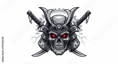 Skull wearing a samurai helmet with crossed swords and red eyes.