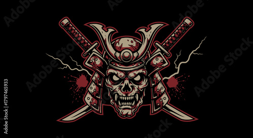 Skull wearing a samurai helmet with crossed swords behind it, against a black background.