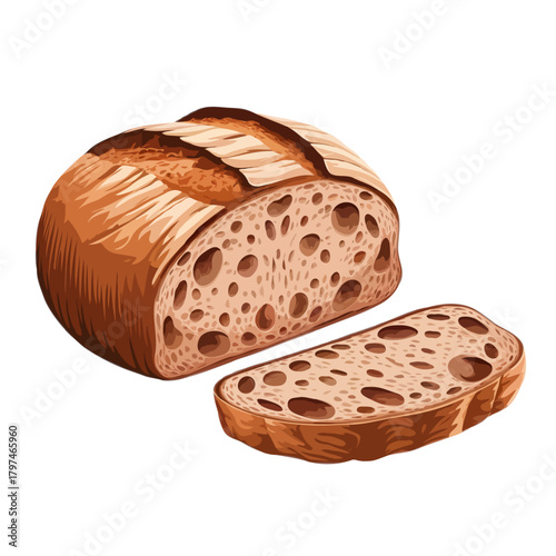Artistic watercolor illustration of a rustic artisan sourdough bread loaf with a slice cut revealing its airy crumb texture isolated on white background