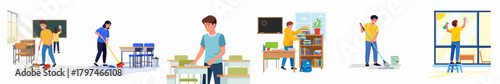 Flat Illustration of Student doing cleaning activities in the classroom