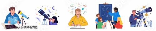 Flat Illustration Set about People Exploring Universe, Stargazing, Astronomy and Space Science