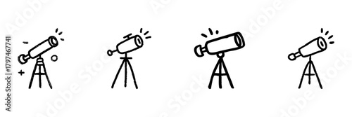 Telescope Line Icon Set In Doodle Style. Astronomy Exploration And Stargazing Equipment Outline Sketch Collection. Space Observation And Science Tools. Hand Drawn Isolated Vector Illustration