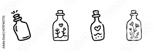 Glass Bottles With Heart And Nature Elements Line Icon Set In Doodle Style. Love, Nature, And Potion Symbolism Outline Sketch Collection. Hand Drawn Isolated Vector Illustration