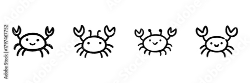 Cute Cartoon Crabs Line Icon Set In Doodle Style. Marine Life, Ocean Creatures, And Beach Theme Outline Sketch Collection. Playful And Fun Design. Hand Drawn Isolated Vector Illustration