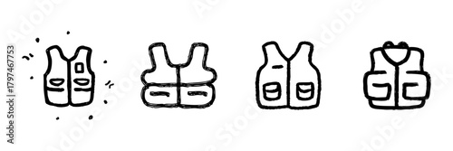 Life Vest And Safety Jacket Line Icon Set In Doodle Style. Personal Safety, Water Sports, And Outdoor Activity Protection Outline Sketch Collection. Hand Drawn Isolated Vector Illustration